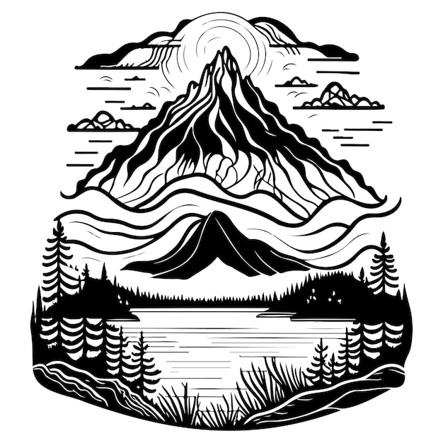 Art Nouveau doodle sketch Mountain lake illustration draw black