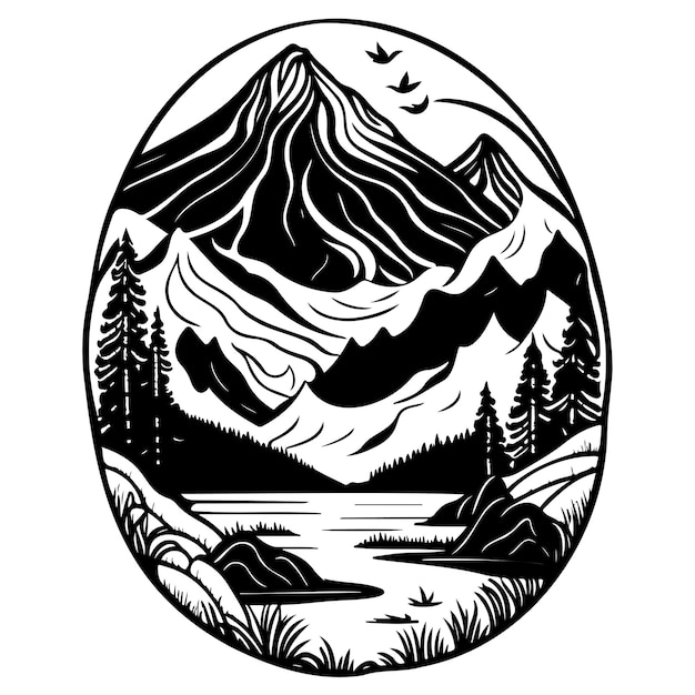 Art Nouveau doodle sketch Mountain lake illustration draw black