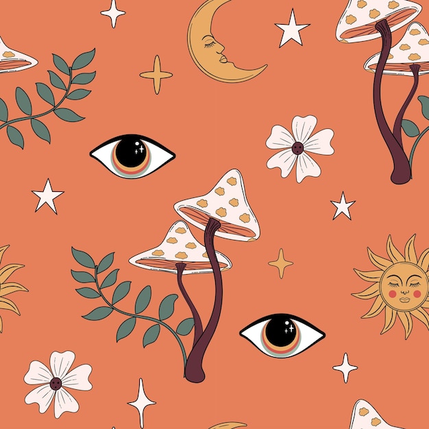 Vector art nouveau inspired pattern with mushrooms celestial elements flowers and eye