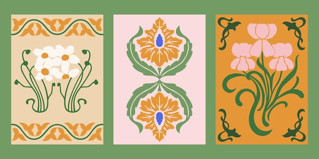 Art Nouveau stijl vector posters set Vintage print ontwerpen met bloemen abstracte bloemen composities