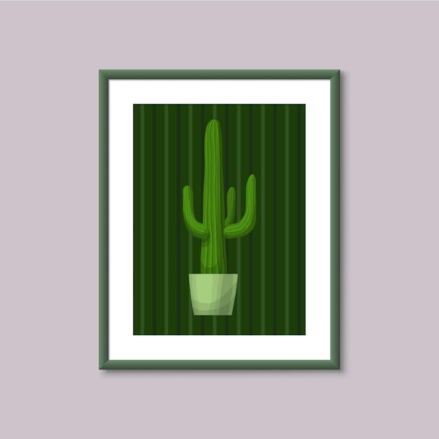 Vettore pittura d'arte con cactus in cornice su sfondo grigio