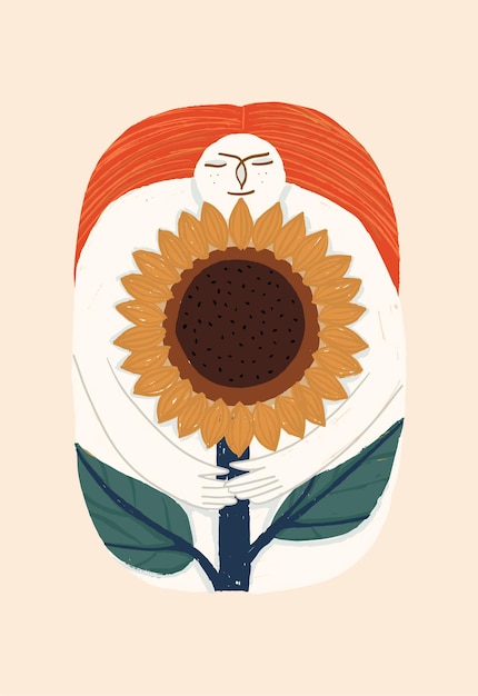 Cartolina d'arte in stile disegnato a mano con un personaggio femminile e un girasole illustrazione vettoriale