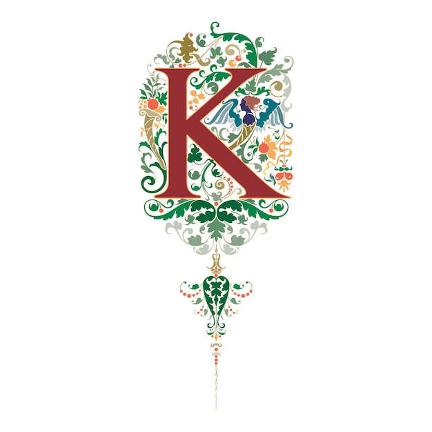 Art renaissance eerste caps lettertype hoofdletter k ontwerp vectorillustratie