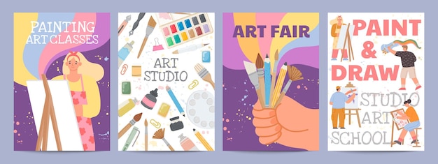 Art school or classes posters with characters and painting supply. Creative drawing course banners with paint brush and material vector set