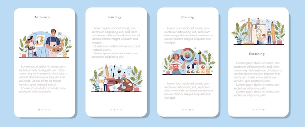 Набор баннеров для мобильных приложений художественной школы. студент, держащий художественные инструменты, учится рисовать и мастерить. уроки рисования, рисования и раскраски. изолированные плоские векторные иллюстрации