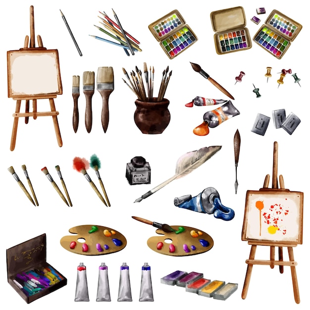 Vector art school subject supplies for learning. colorful watercolor paints, palette, brushes