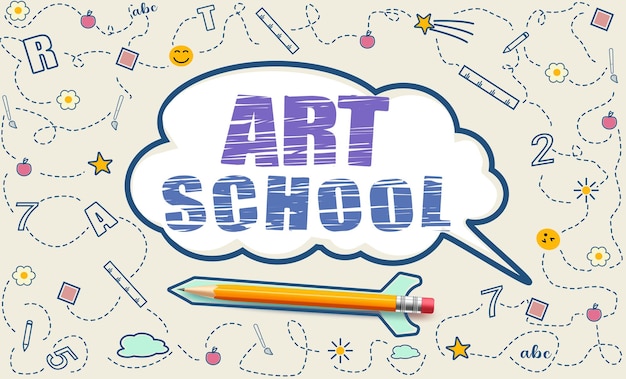 Art school text vector design School background with hand drawn school supplies and speech bubble