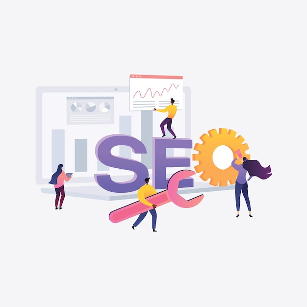 Vettore l'arte della strategia seo illustrazioni e servizi aziendali