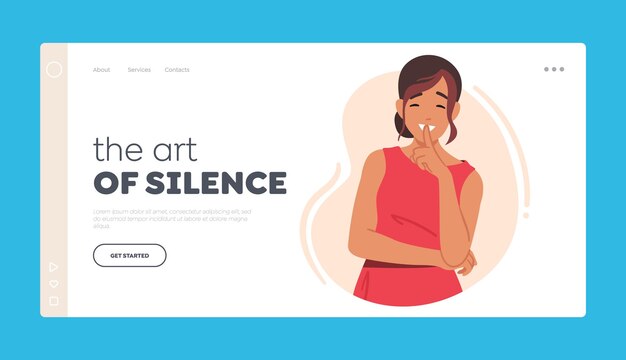 Шаблон целевой страницы Art of Silence Женский персонаж, демонстрирующий жест молчания, прижимая палец к губам