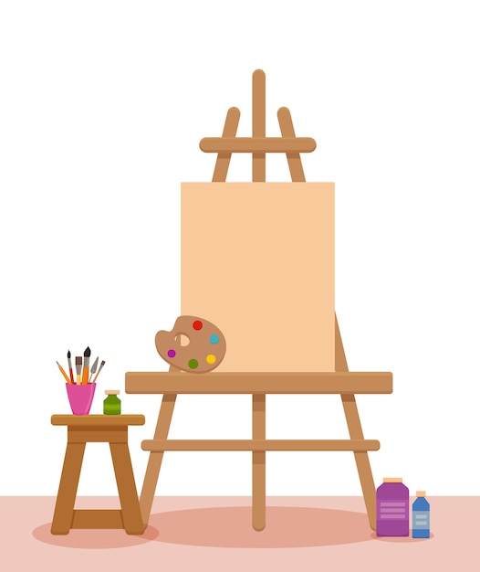 Vector art studio interieur kleurrijke illustratie. schilder atelierruimte met gereedschappen: canvas, ezel, verf, palet, penselen, potloden