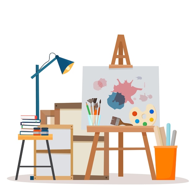 Vector art studio interior creative workshop room with canvas paints brushes easel and pictures design