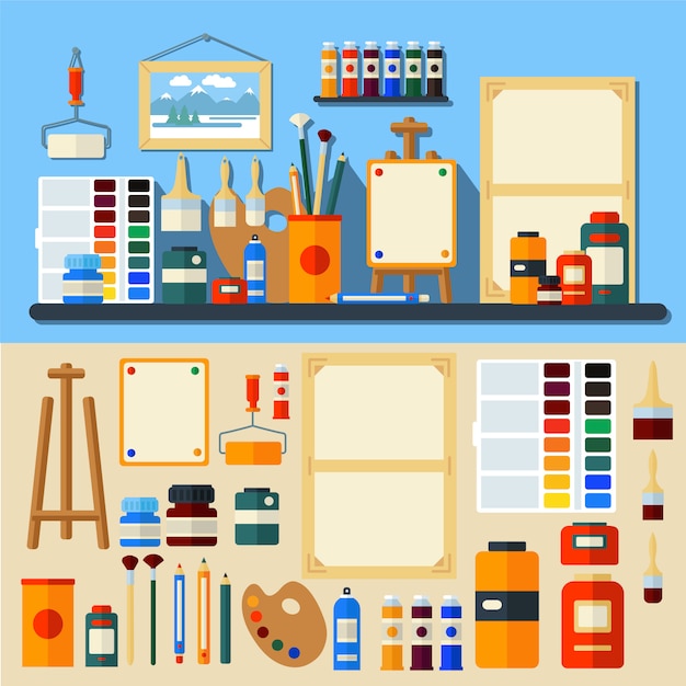 Vector art studio tools creativiteit en schilderen vlakke stijl vector