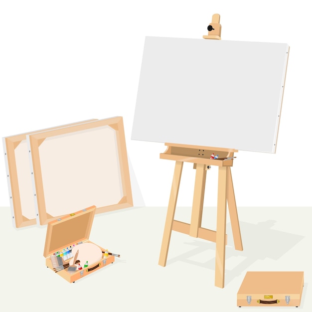 Vector art studio with easel and paintings