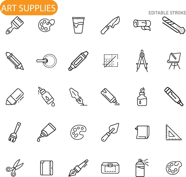 Art Supplies Icons Brushes Paints Tools and Equipment