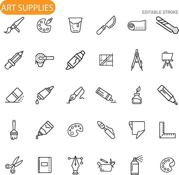 Art Supplies Icons Brushes Paints Tools and Equipment