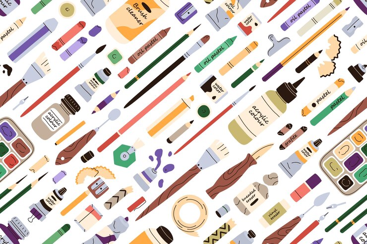 Art supplies pattern Seamless background with paints brushes pencils Repeating print with artists stationery for painting painters accessories Colored flat vector illustration for wrapping