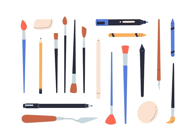 Vector art supplies set. paint brushes, pencils, liners, erasers, painters tools. paintbrushes, painting knife, sponge, pen, stuff for drawing. flat vector illustration isolated on white background