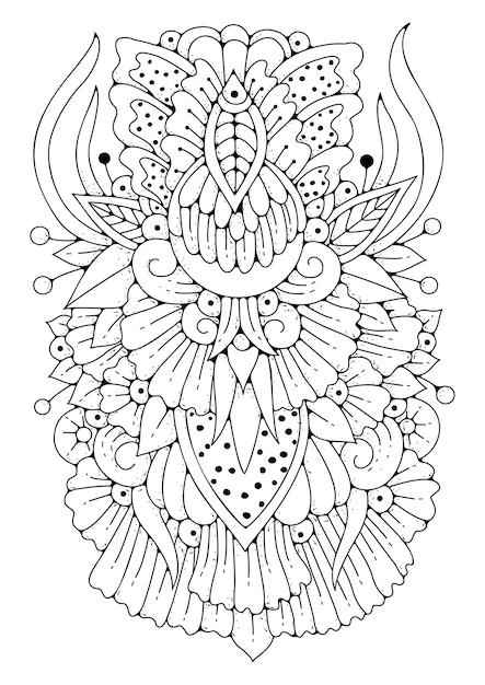 Art therapy background for coloring. Black and white illustration. Flower coloring page.