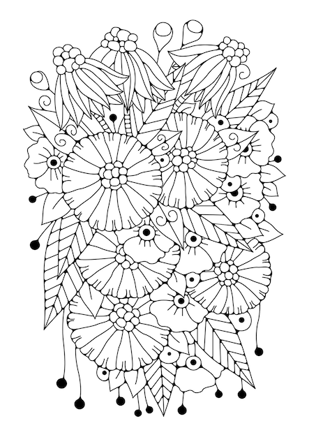 着色のための芸術療法の背景。黒と白のイラスト。花のぬりえ。