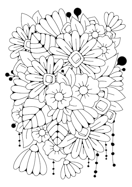 Art therapy background for coloring. Black and white illustration. Flower coloring page.