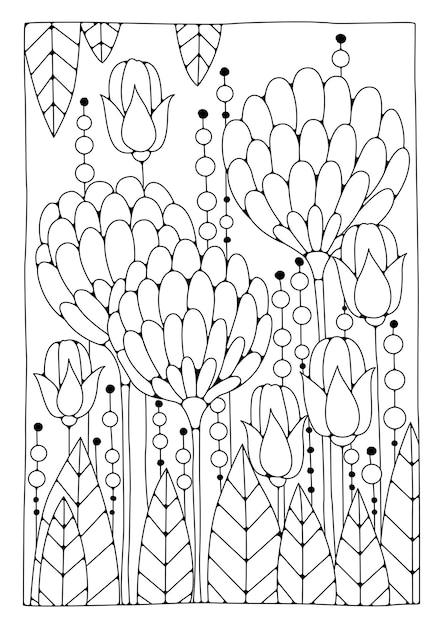 Arteterapia per bambini e adulti. sfondo vettoriale con fiori per la colorazione. pagina del libro da colorare.