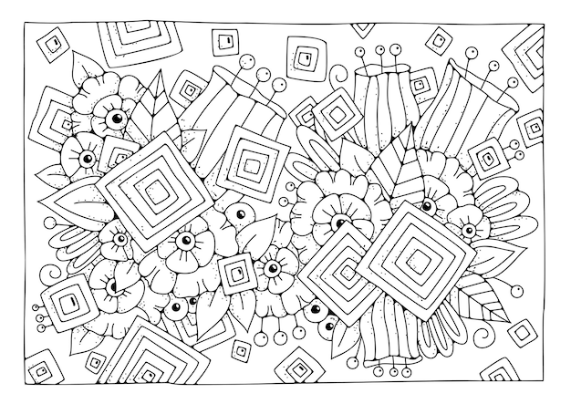 Art therapy for children and adults. Vector background with flowers for coloring. Coloring book page.