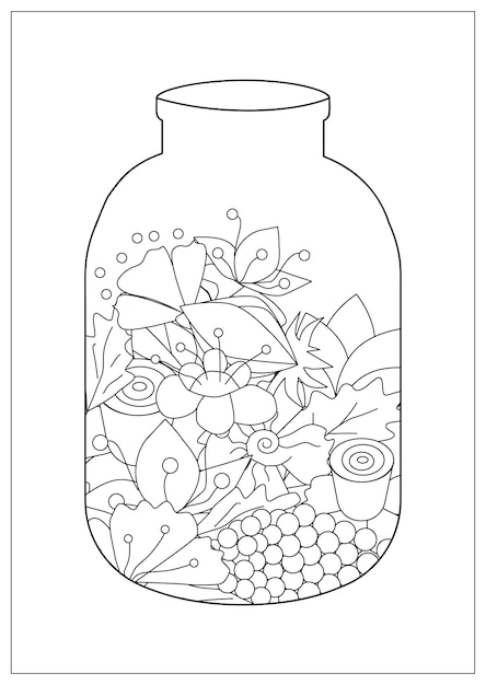 Pagina da colorare di arte terapia. fiori di contorno in un vaso di vetro. ornamento del tatuaggio del fiore. flora in bottiglia