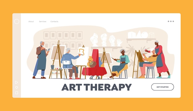 Vector art therapy landing page template old men and women learn drawing in studio elderly characters sit at easel