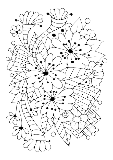 Art therapy. Vector black and white background for coloring. Magic flowers. Coloring page.