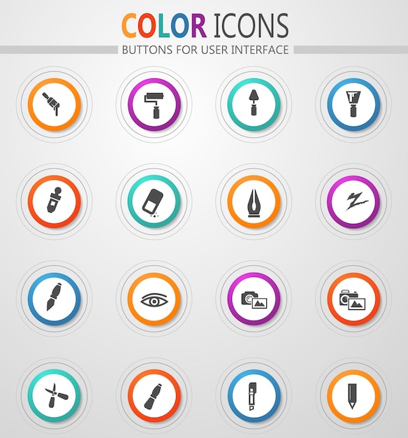 Art tools icons on round white buttons with color strokes