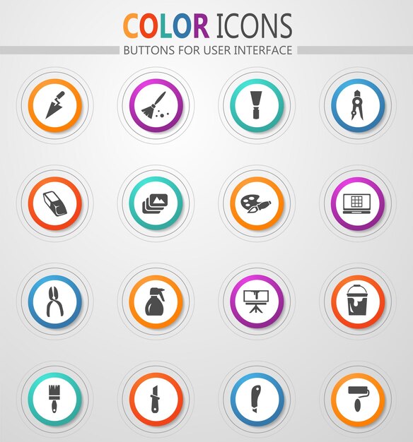 Vector art tools icons on round white buttons with color strokes