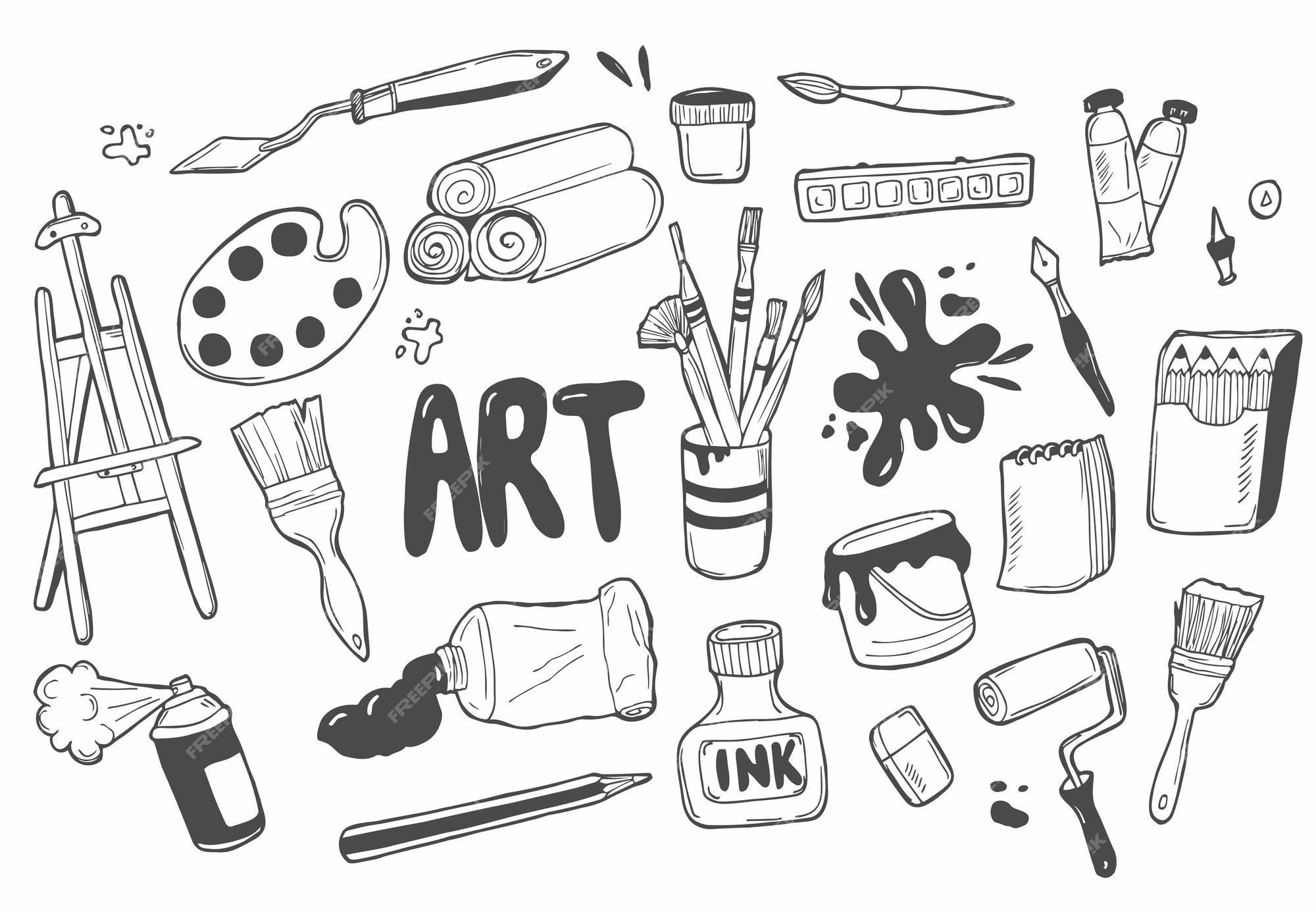 Set of art tools. Line hand-drawing art supplies. Stock Vector