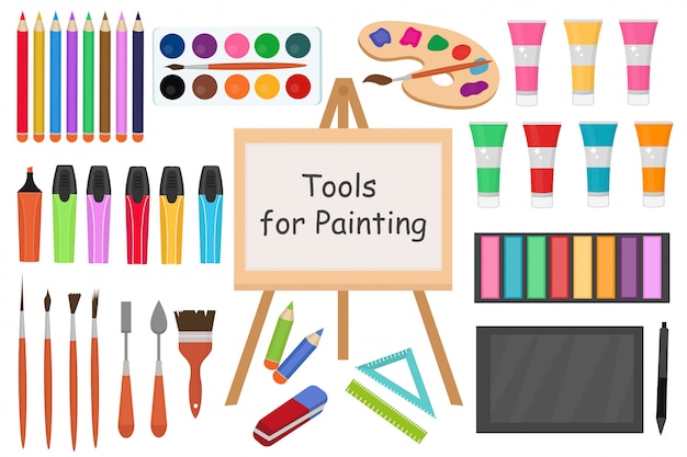 Vector art tools vlakke stijl icon set. tekengereedschap, kunstenaar objecten collectie met stiften, verf, potloden, penselen, tablet, stylus. accessoires voor school.