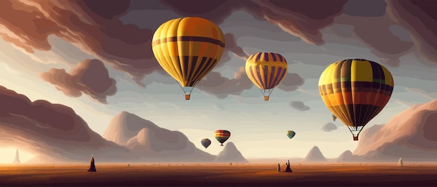 Vector art travel banner with balloon flying background with clouds and misty mountains vector illustration