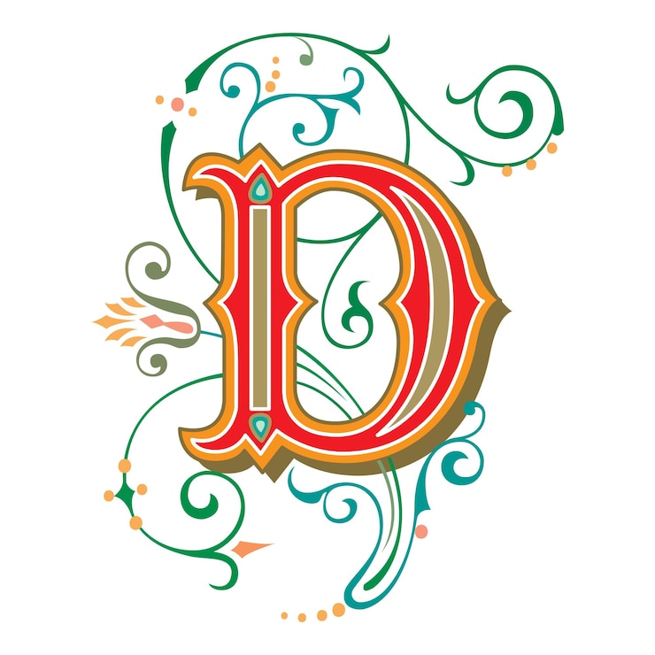वेक्टर art tuscani initial caps font capital letter d vector design illustration