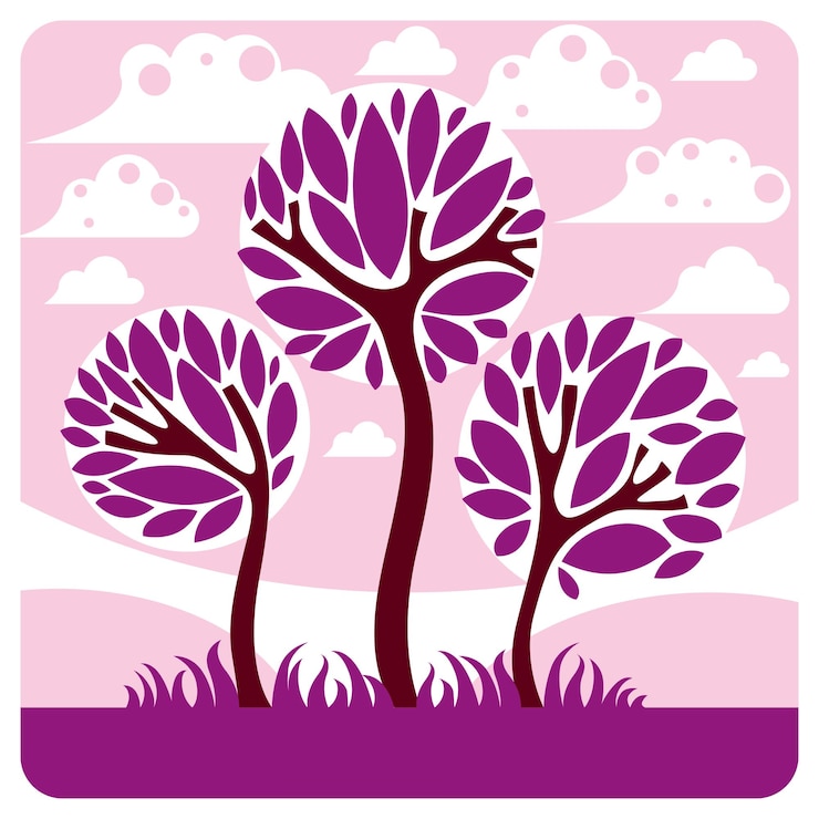 वेक्टर art vector graphic illustration of stylized branchy tree and peaceful purple fantastic landscape with clouds and setting sun, fairy countryside view. beautiful nature.