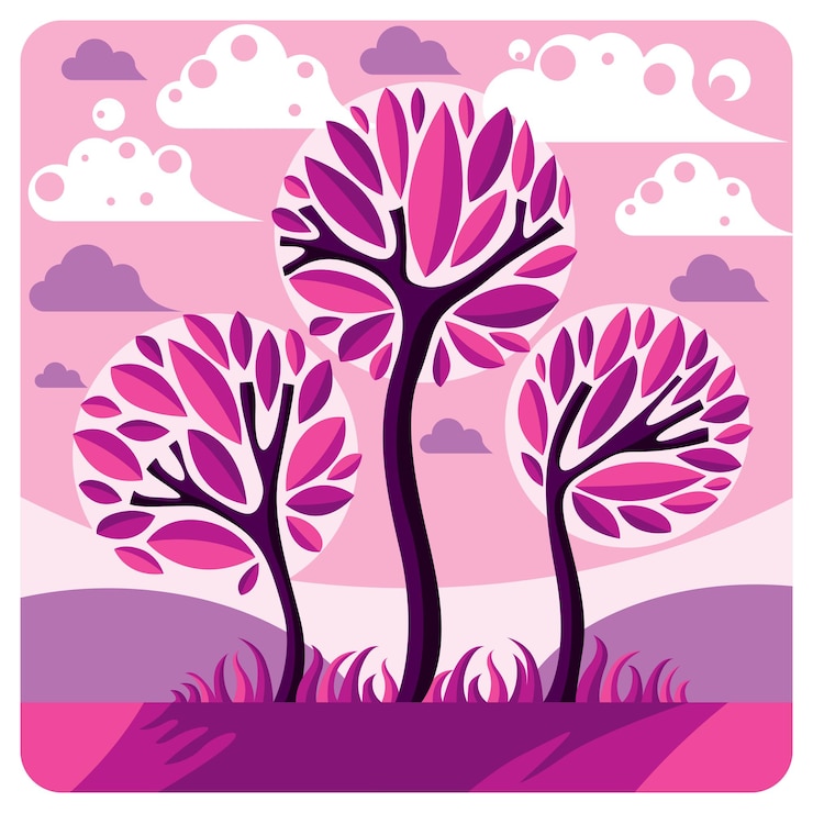 Vector art vector graphic illustration of stylized branchy tree and peaceful purple fantastic landscape with clouds and setting sun, fairy countryside view. beautiful nature.
