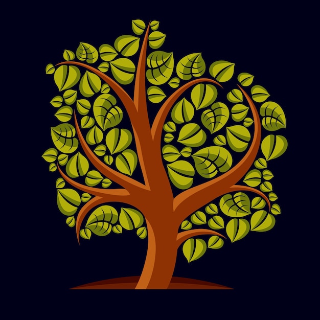 Art vector illustration of tree with green leaves, spring season, can be used as symbol on ecology theme.