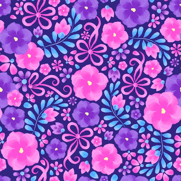 Art. Watercolor flower trendy pattern. Floral pattern with violets on a dark background