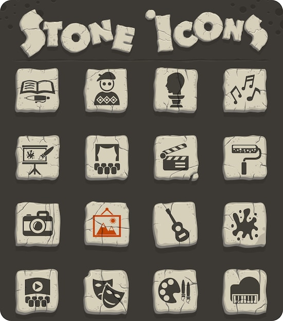 Art web icons on stone blocks in the stone age style for user interface design