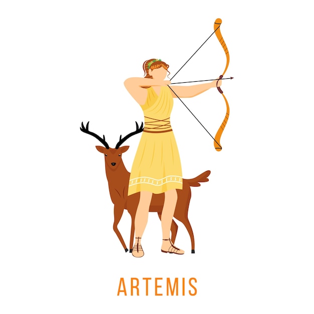 Artemis 플랫. 고대 그리스 신. 달의 여신, 사냥 및 양궁. 신화학. 신성한 신화적인 인물. 흰색 배경에 고립 된 만화 캐릭터