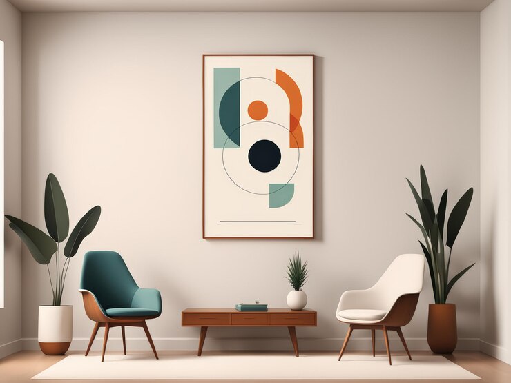 Vector artful accents in midcentury living room modern prints greenery illuminate vintage charm