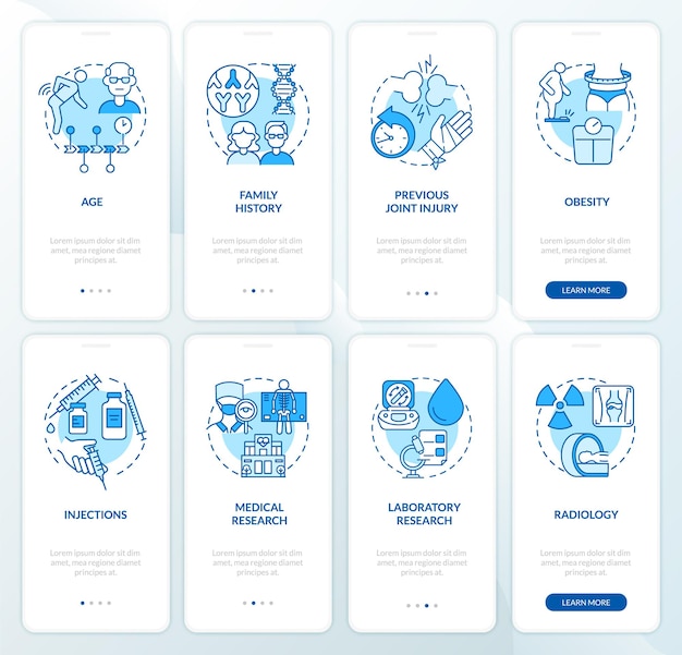 Schermata della pagina dell'app mobile onboarding blu per l'artrite