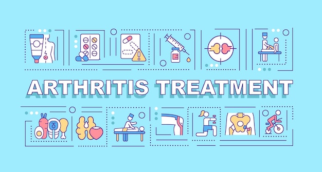 関節炎治療の言葉の概念のバナー。治療と手術。青い背景に線形アイコンとインフォグラフィック。孤立した創造的なタイポグラフィ。テキストとベクトルアウトラインカラーイラスト