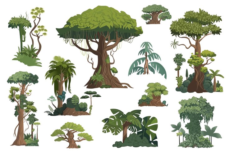 Vector artichelen green set cheerful cartoon illustration featuring a charming set of trees leaves