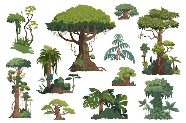 Artichelen groene set vrolijke cartoon illustratie met een charmante set flatdesign bomen