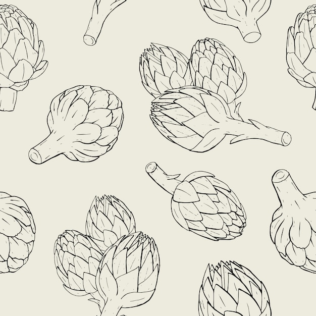 Artichoke seamless pattern with hand drawn plant. Contour  illustration