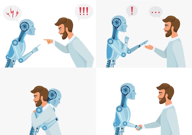 Вектор Концепция взаимодействия искусственного интеллекта. человек и робот. связь человека и современного робота. концепция бизнес-технологии иллюстрация