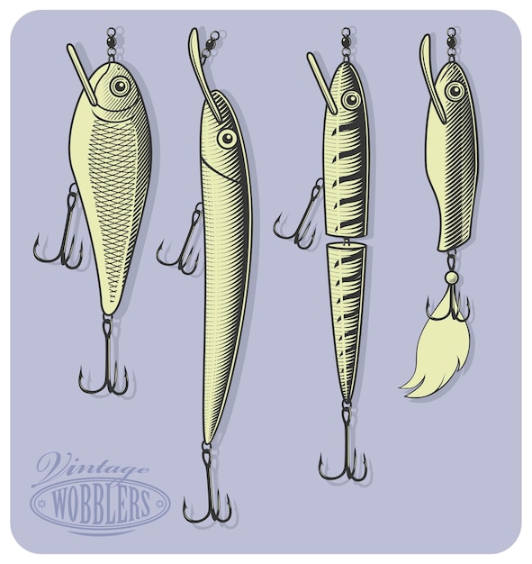 Vector artificial fishing lures(wobblers) in engraving style