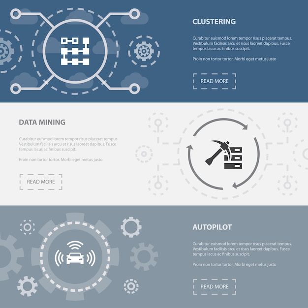 Vettore modello di banner di pagine web orizzontali di intelligenza artificiale 3 con concetto di clustering, data mining, pilota automatico. illustrazione delle icone isolate moderne piatte.